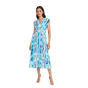 Maggy London Abstract Stripe Midi Dress Blue Teal V Neck Cap Sleeve Women US 16